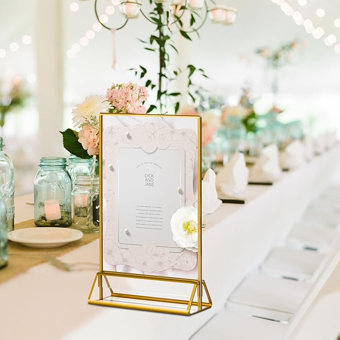 6 Pack Acrylic Sign Holder with Gold Borders, 5x7'' Double-Sided Menu Stands Clear Picture Frames for Restaurant Menu Signs, Wedding Table Numbers, Exhibition & Art Display