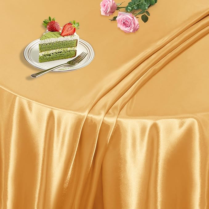 KKJIAF 1 Pack 60 Inch / 5ft Round Table Cloth, Gold Overlay Round Satin Table Cover, Silky Satin Dining Tablecloths for Wedding Buffet Parties Banquet Decoration