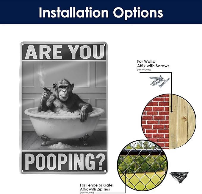 Bathroom Decor Wall Art – Funny Chimpanzee in Bathtub Tin Sign, 8x12 Inch Black and White Vintage Metal Wall Art, Humorous Animal Bathroom Sign for Restroom or Farmhouse (Sign-030)