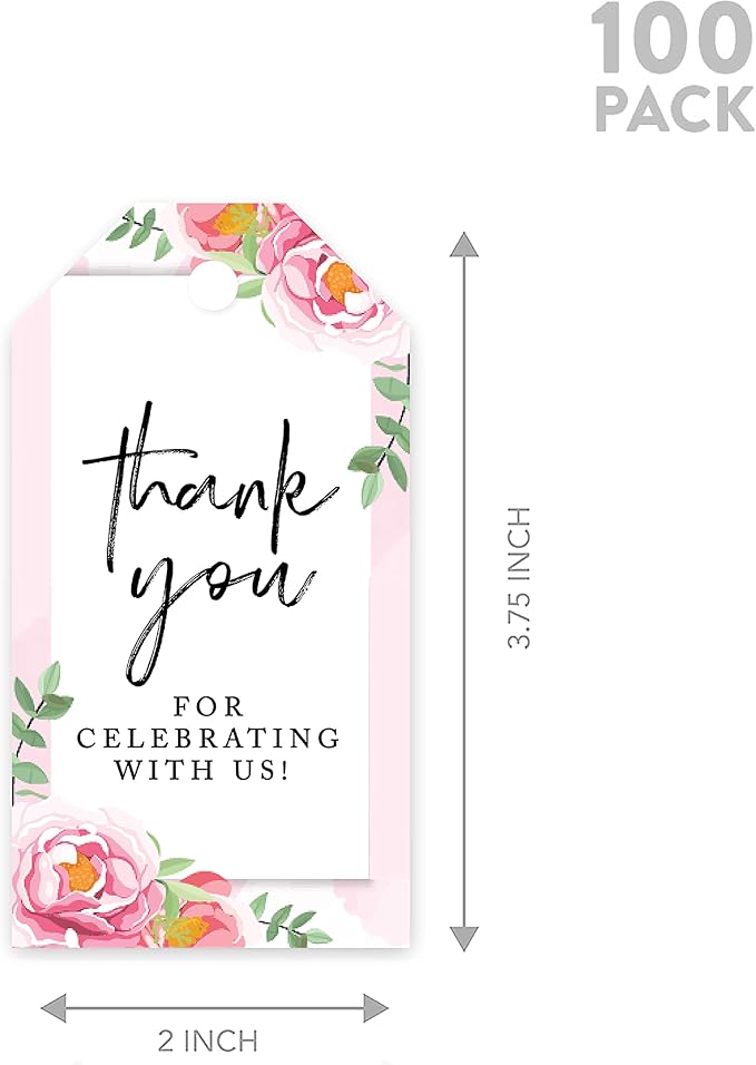 Andaz Press 100-Pack Thank You For Celebrating With Us Favor Tags Pink Peonies Cardstock Gift Tags with Bakers Twine for Wedding Baby Shower Bridal Shower Birthday Holiday Party Favors 2 x 3.75-Inches