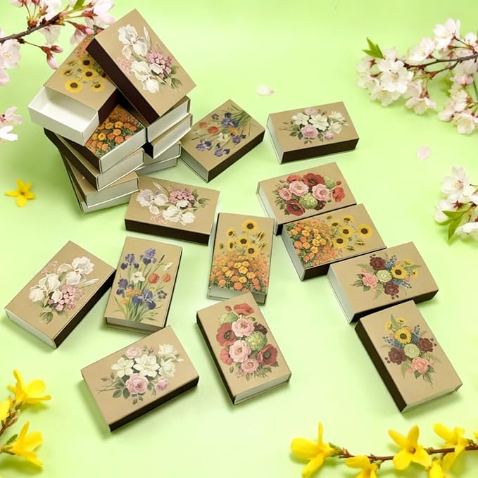 60pcs Flower Match Boxes, 2.25x1.42x0.59in Bulk Fall Spring Floral DIY Light Brown Storage Containers Holders Double-Sided Strikers Wedding Bridal Baby Shower Birthday Party Favor, No Matches Included