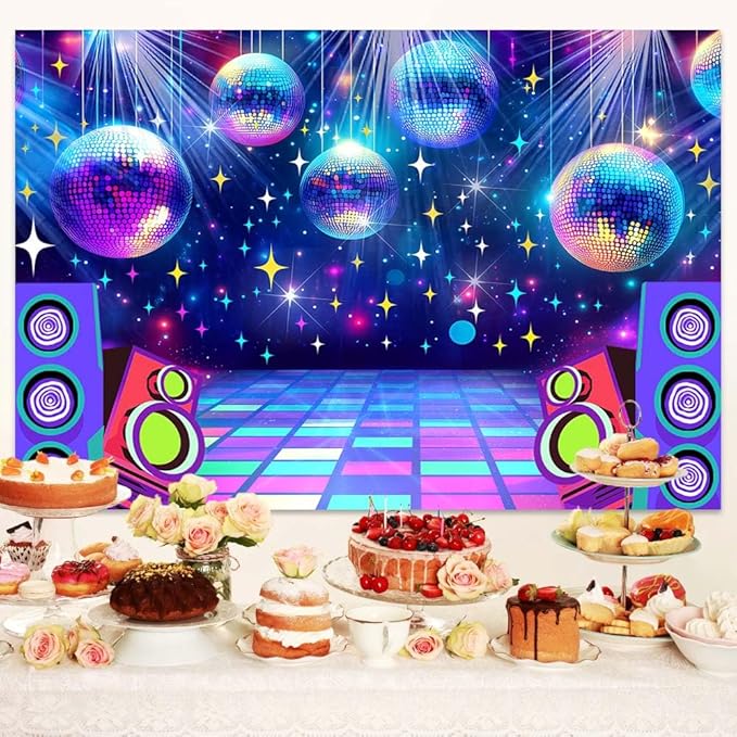 Dance Party Backdrop Retro 80s 90s Theme Stage Dance Ball Music Birthday Party Decoration DJ Photography Background 6 x 4 ft for Baby Shower Picture Photo Shoot Polyester Fabric,Multi1
