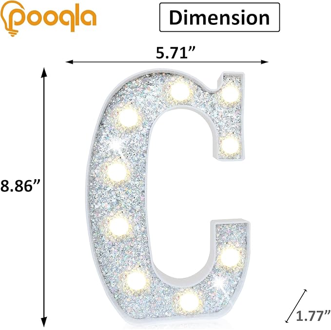 Pooqla Light Up Letters, LED Marquee Letters for Silver Birthday Decorations, Battery Powered Night Light Teenager Girl Room Decor, Gift for Girls Boys Wedding Bedroom Christmas Party Decor, Letter C
