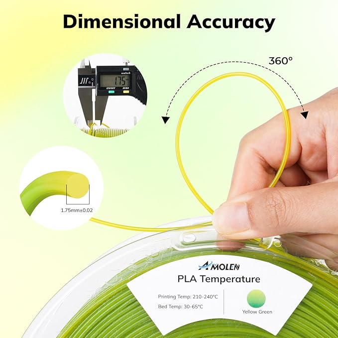 AMOLEN 3D Printer Filament, Temp Change Green to Yellow PLA Filament 1.75mm, Cold & Heat Temp Color Change with Temperature Filament, Dimensional Accuracy +/- 0.02mm, 1KG/2.2lb, Fits Most FDM Printers