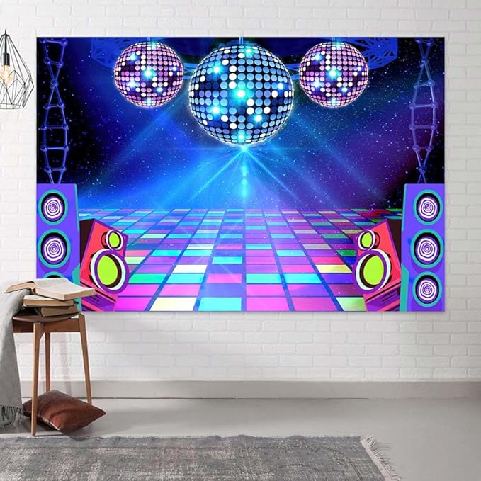 Dance Party Backdrop Retro 80s 90s Theme Stage Dance Ball Music Birthday Party Decoration DJ Photography Background 10 x 8 ft for Baby Shower Picture Photo Shoot Polyester Fabric, Blue