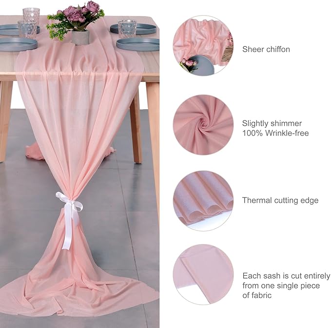 MDS 5 Pack 10ft Chiffon Table Runner 29 x 120 Inches Sheer Wedding Runner Romantic Rustic Table Runner for Wedding Decorations, Birthday Parties, Bridal Shower Party Arch Decor - Dusty Rose