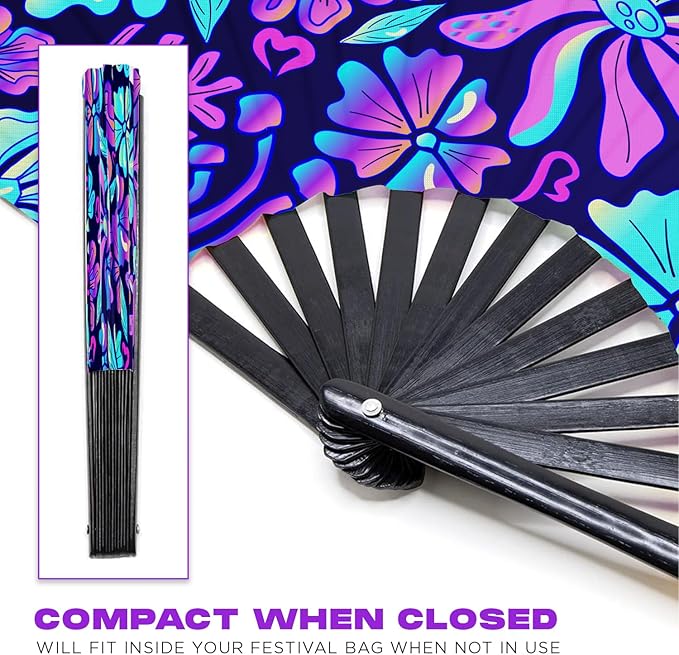 GloFX UV Glow Flower Fantasy Rave Fan - Vibrant Pink, Blue, and Purple Design - Large Folding Hand Held Fan for Festival Fashion & Festival Outfits for Women