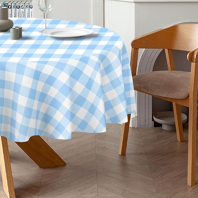 QIKSION Blue Gingham Round Tablecloth 6 Pack, 84 Inch Plastic Checkered Table Cover Disposable for Parties
