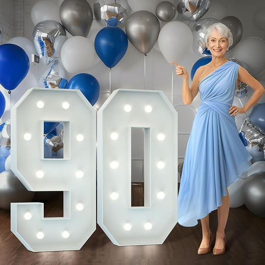 Marquee Numbers 4 Feet Tall Big Light Up Numbers 90th Birthday Decorations Women Men White Anniversary Party Decor Large Cardboard Prop Backdrop Sign 90
