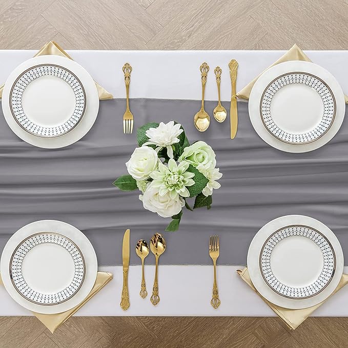 2 Pack 10 Ft Chiffon Table Runner Grey Gauze Long Table Runners 27x120 Inches Sheer Tulle Table Runner for Rustic Wedding Reception Bridal Shower Decorations Birthday Party