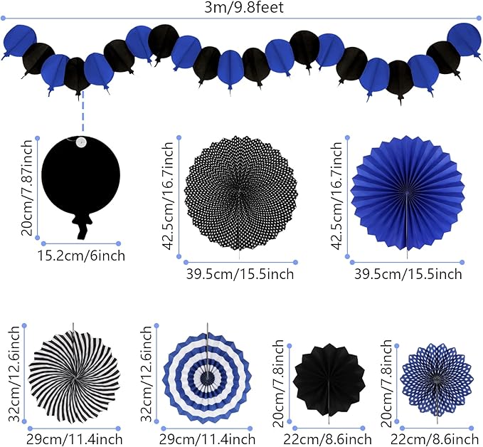 Party Decorations, Black Navy Blue Papar Fans Pompoms Garlands for Men Boy Fathers Day Graduation Wedding Birthday Party Decoration