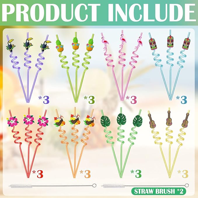 Hawaiian Luau Party Favor Drinking Straws (24 Pcs) Summer Beach Pool Birthday Party Supplies Reusable Plastic Drink Straw for Tropical Luau Party (2 Pcs Cleaning Brushes inside)…
