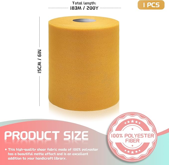 6" x 200 Yards Gold Tulle Fabric Rolls, Gold Spool Tulle Ribbon for DIY Tutu Skirt Wedding Decoration Baby Shower Birthday Party Backdrop Gift Wrapping Bow Craft Supplies