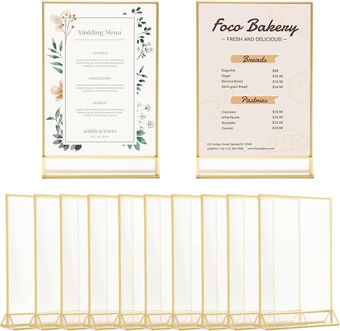 12 Pack Gold Acrylic Sign Holder 5 x 7 inch, Double Sided Gold Picture Frame Stand up Table Top Sign Holders, Wedding Table Number Frames Vertical for Party, Home, Office(5 x 7inch)
