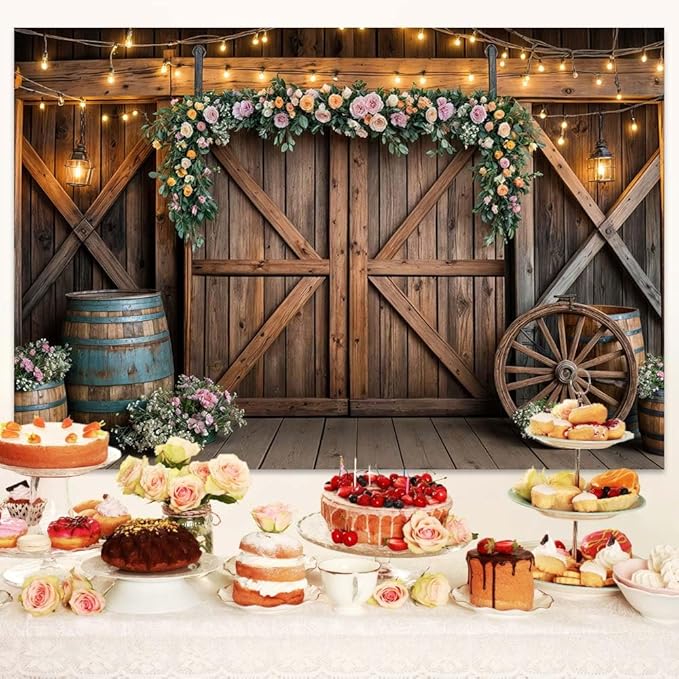 6x6ft Country Wedding Photography Backdrop Rustic Barn Door Photography Backdrop Farmhouse Pink Flower Cabin Wooden Birthday Baby Shower Wedding Bridal Party Banner Photo Booth Props Background