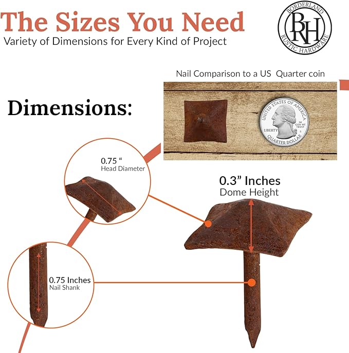 10 Pack 0.75" Square Head Iron Clavos Decorative Nails – Rusted – Handmade Rustic Square Fasteners for Farmhouse Shutters, Faux Wood Beams, Barn Doors, Shutters, and Gates – Ornamental Wood Accent