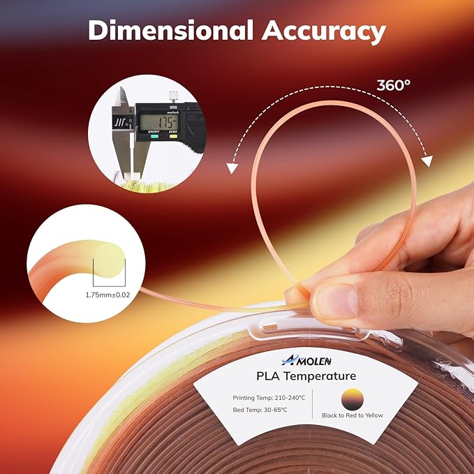 AMOLEN 3D Printer Filament, Triple Color Temp Change Black to Red to Yellow PLA Filament 1.75mm, Cold & Heat Color Change with Temperature, Dimensional Accuracy +/- 0.02mm, 1KG, Fits Most FDM Printers