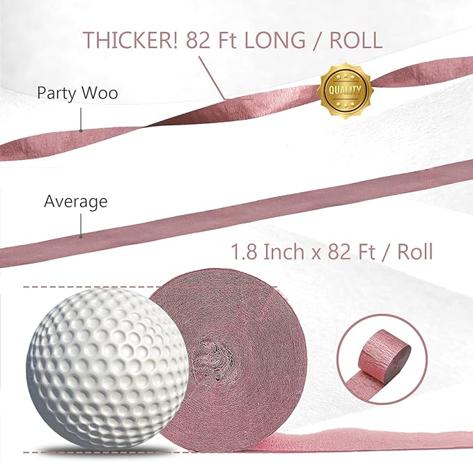 PartyWoo Crepe Paper Streamers 4 Rolls 328ft, Pack of Pink and Rose Gold Crepe Paper for Party Decorations, Wedding Decorations, Birthday Decorations, Baby Shower Decorations (1.8 Inch x 82 Ft/Roll)
