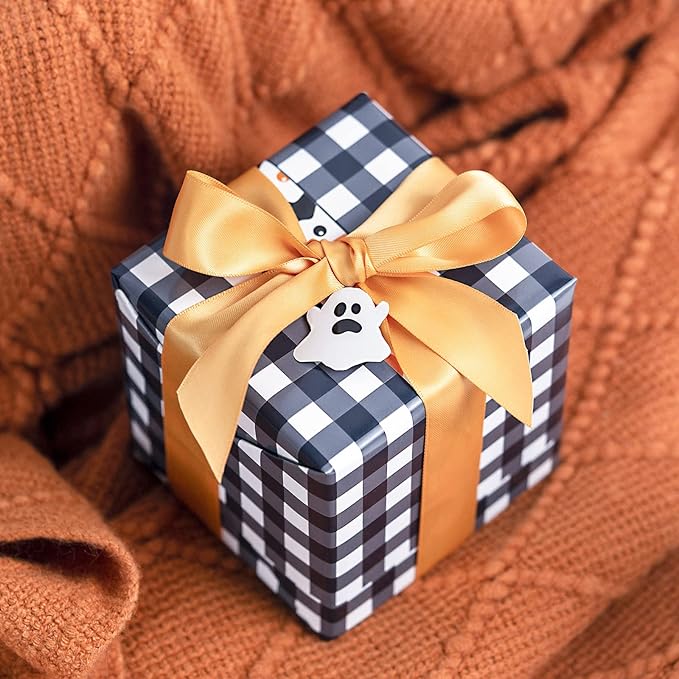 LeZakaa Halloween Wrapping Paper, Cute Pumpkin Witch Bat Candy Print, Buffalo Black White Plaid Reversible Design for Halloween, Nightmare before Christmas Holiday, Party, 17 inches x 32.8 Feet
