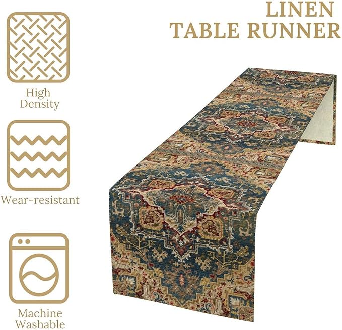 Boho Bohemia Style Table Runner, Country Rustic Farmhouse Vintahe Colorful Geometry Print Table Runner for Home Kitchen Dinner Party Holiday Decor, 13x120inch