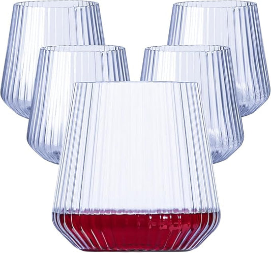 40 Pack Plastic Ribbed Wine Glasses, 14Oz Origami Disposable Wine Glasses Unbreakable Clear Plastic Cocktail Glasses Recyclable Shatterproof Reusable Wine Cups (14oz-blue-40pack)