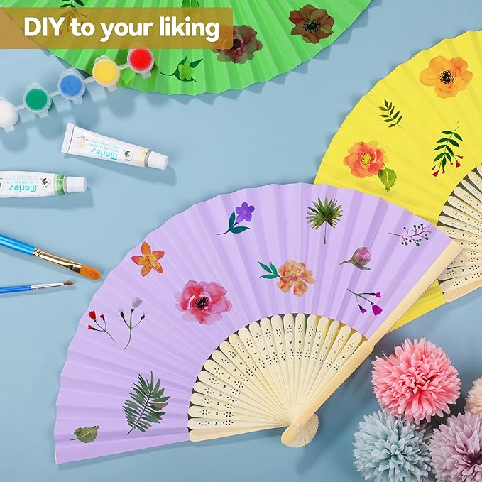 Aneco 48 Pieces Handheld Paper Fans Paper Folding Fans with Bamboos for Wedding Gift, Party, Home, DIY, Multicolor