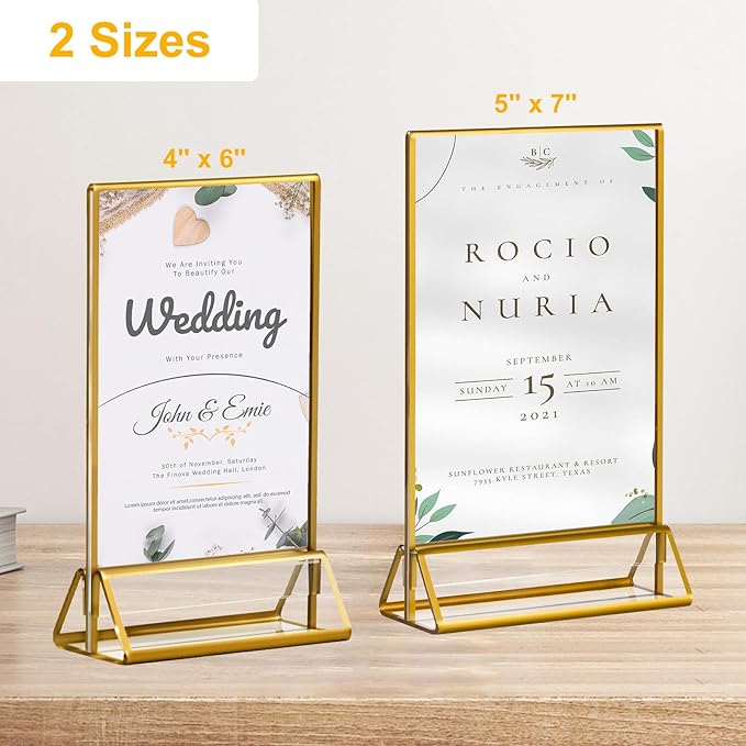 6 Pack Acrylic Sign Holder with Gold Borders, 5x7'' Double-Sided Menu Stands Clear Picture Frames for Restaurant Menu Signs, Wedding Table Numbers, Exhibition & Art Display
