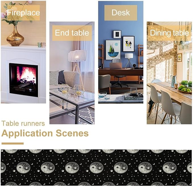 Mystical Celestial Table Runner, Vintage Bohemian Black Yin Yang Symbol Moon Stars Print Table Runner for Office Kitchen Dining Wedding Party Home Coffee Table, 13x70inch