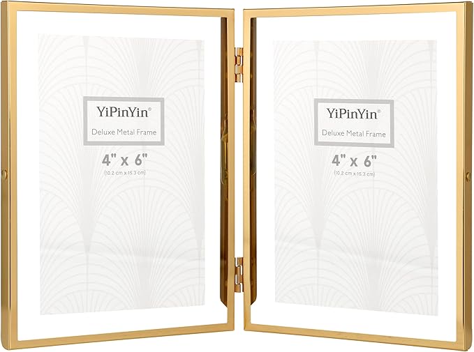 Gold 5x7'' Double Floating Frame For Photo Sizes 3.5 x5'', 4x6'',5x7''Gold Plated Metal double Photo Frames For Counter Shelf Display,Gift Choice for Wedding,Thanksgiving,Home or Office Decor.