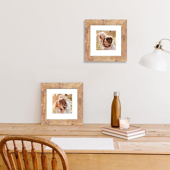 6x6 Picture Frame Set of 4 with Real Glass, Rustic Brown Frames Display 4x4 Picture with Mat or 6 x 6 Without Mat, Square Wood Photo Frame for Wall Mount and Tabletop Display