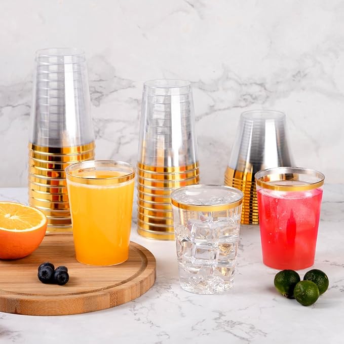 Goodluck 50PCS 12oz Gold Plastic Cups for Party, Disposable Gold Rim Cups, Plastic Cocktail Glasses for Wedding Thanksgiving, Christmas, and Parties