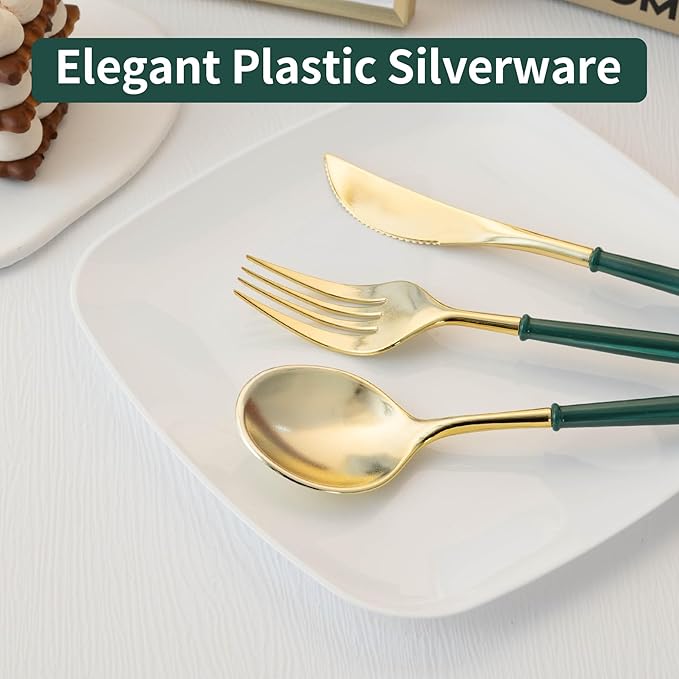 Lullaby 150PCS Gold Plastic Silverware - Disposable Flatware with Green Handles, Includes 50 Knives, 50 Forks, 50 Spoons, Perfect for Birthdays, Weddings, Picnics
