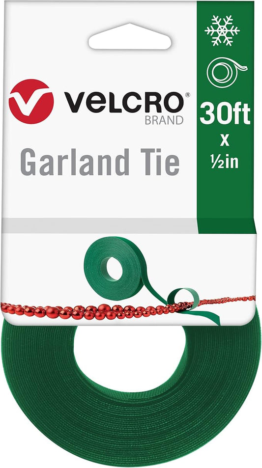 VELCRO Brand Holiday Garland Ties or Cable Straps | Hang Garlands, Lights or Wreath | for Banister, Railings, Stairs or Lamp Posts | 30ft Roll Cut to Custom Length | Green