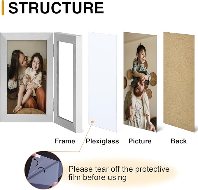 decorUhome Double 4x6 Picture Frame Vertical, Engineered Wood Bifold Photo Frame with Plexiglass for Tabletop Display, 4x6, Silver