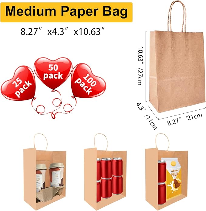 BAG BOX 80Pack Brown Paper Bags, Kraft Paper Shopping Bag with Handles Bulk for Birthday Party Favors Grocery Retail Shopping Business Goody Craft Bags Cub (Brown 80 Count)