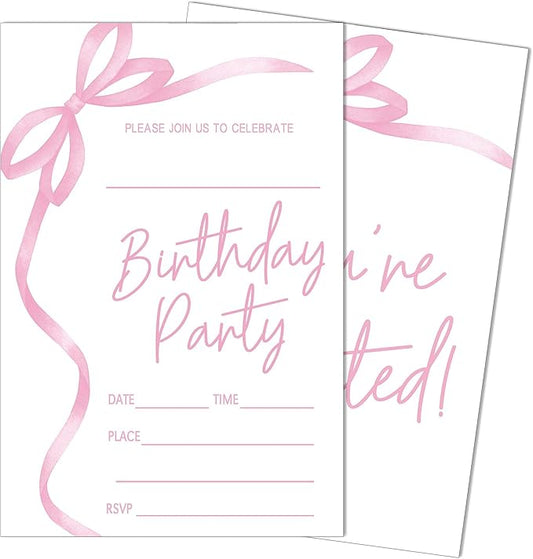 SIXEIGHT Pink Bow Birthday Invitations, Pink Ribbon Bow Birthday Party Invitations, 20 Party Invitations with Envelopes for Girls Boys, Birthday Party Favor & Decoration (4"x6")-A04