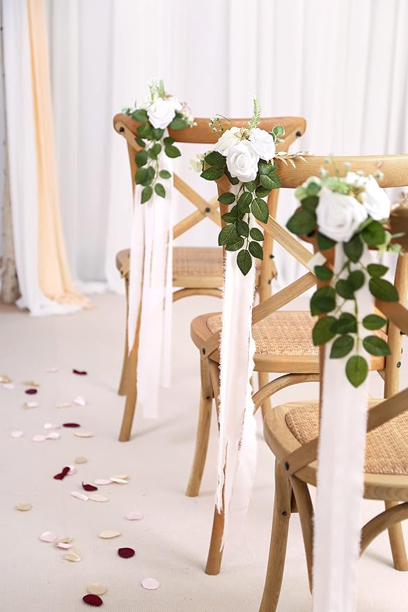 Wedding Aisle Decorations for Wedding Ceremony Set of 10 Pew Flowers for Church Chair Decorations Party Decor with Artificial Flowers Eucalyptus and Ribbons White