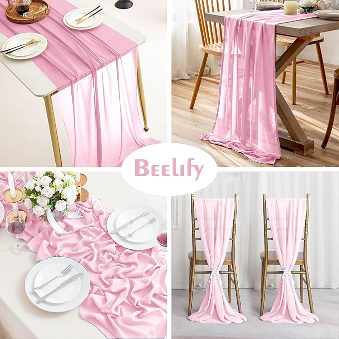 6 Pack 10 Ft Chiffon Table Runner Light Pink Gauze Long Table Runners 27x120 Inches Sheer Tulle Table Runner for Rustic Wedding Reception Bridal Shower Decorations Birthday Party
