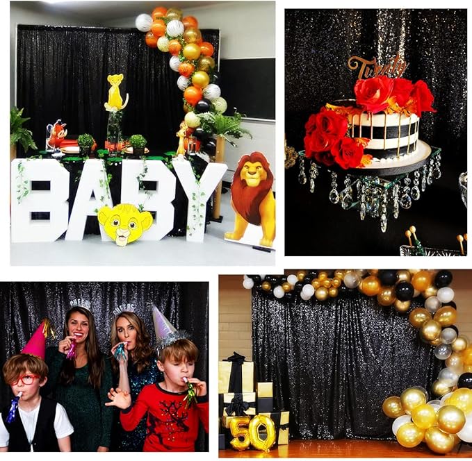 Poise3EHome Black Sequin Backdrop Curtains, 2 Panels 2FTx8FT Glitter Photo Booth Backdrop for Halloween Birthday Bachelorette Wednesday Twilight Party Decorations