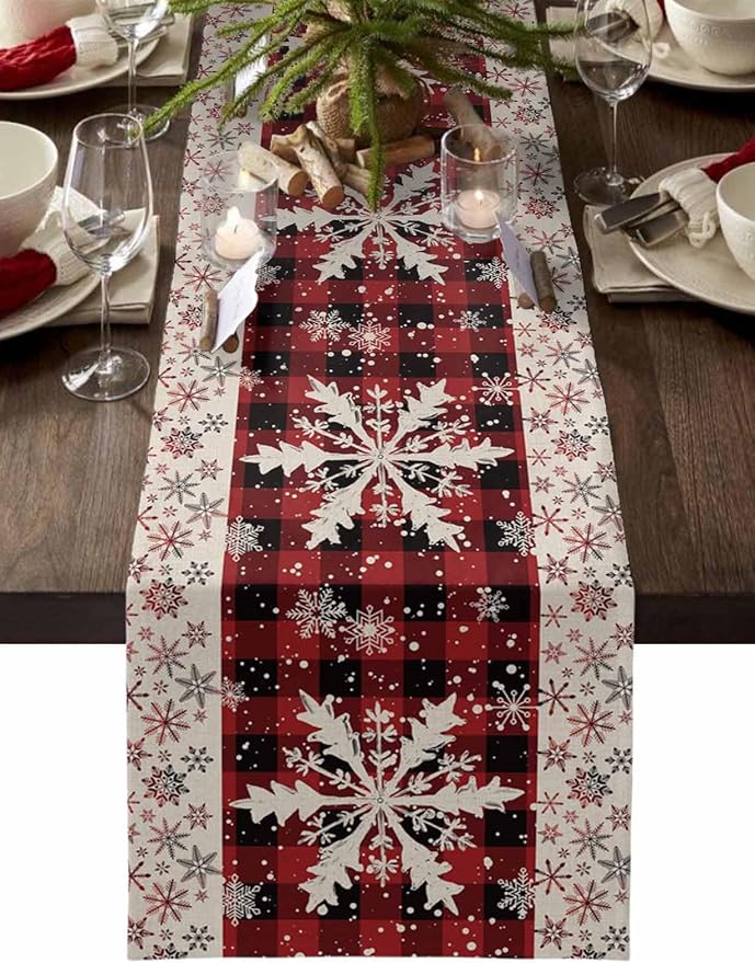 Buffalo Plaid Christmas Cotton Linen Table Runner for Dining Kitchen, Snowflake Red Black Check Wedding Outdoor Party Tablerunner Decoration, Retro Dresser Scarf Coffee Tablecloth Runners 13x72 Inches