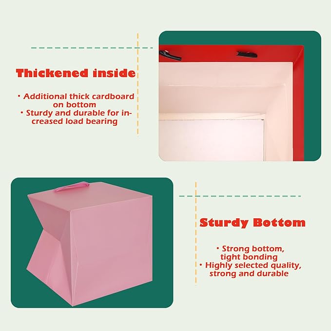 ADIDO EVA Pink Square Gift Bags Medium Size Square Bottom Paper Bags with Handles for Party Favor, Shopping Bag (10x10x10 In, 10 CT)