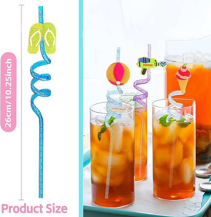 24 Beach Drinking Straws Beach Ball Pool Summer Birthday Party Supplies Decorations Glitter Pool Party Straws With 2 PCS Cleaning Brushes