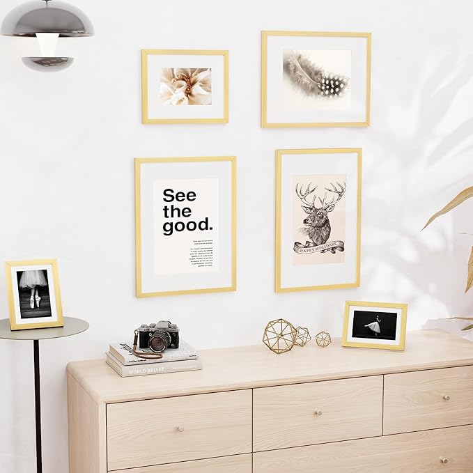 5x7 inch Picture Frame, 5x7 Photo Frames with 4x6 Removable Mat - High Definition Plexiglass - Vertical and Horizontal Display - Wall Hanging Frame - Gold, 5 Pack