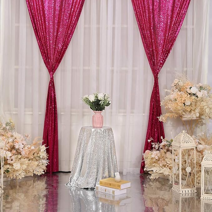 Poise3EHome 2Pcs 3Ft x 8Ft Hot Pink Sequin Backdrop Curtain, Glitter Photography Background, Sequence Xmas Thanksgiving Backdrop for Wedding Party Holiday Festival Decor