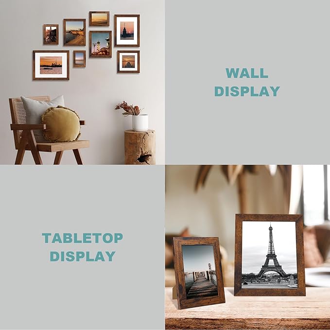 12x12 Picture Frame Set of 4 with Tempered Glass, Rustic Frame Display 10x10 Pictures with Mat or 12 x 12 Without Mat, Wood Square Photo Frames for Desktop Display and Wall Mounting