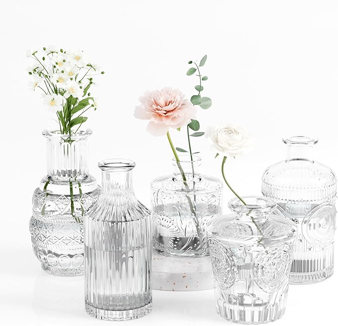 Gather & Bloom Creations 5 Piece Mini Bud Vase Set – Clear Glass Small Vases in Unique Shapes & Sizes for Flowers, Fairy Lights, Wedding Table Centerpieces, Vintage-Inspired Home Décor