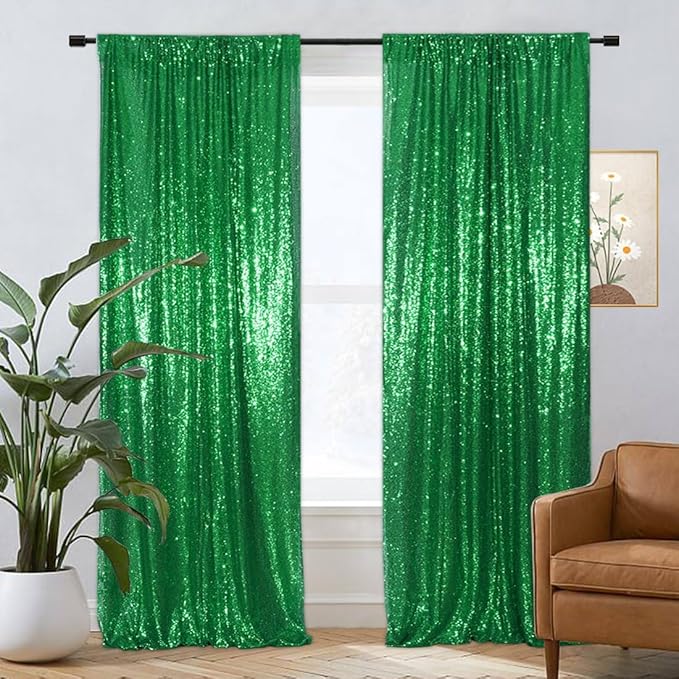 Eternal Beauty 2 PCS Sequin Backdrop Curtain, Sequin Wedding Backdrop for Christmas Party, Birthday (Green 2FTx8FT)