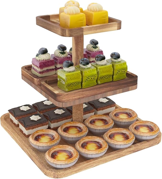 Acacia Wood 3 Tier Cupcake Stand with 2 Removable Snack Tray, Rustic Square Cup Cake Tower Stand for 25 Cupcakes, Display Cakestand for Wedding, Birthday, Serving Tea Party, Natural