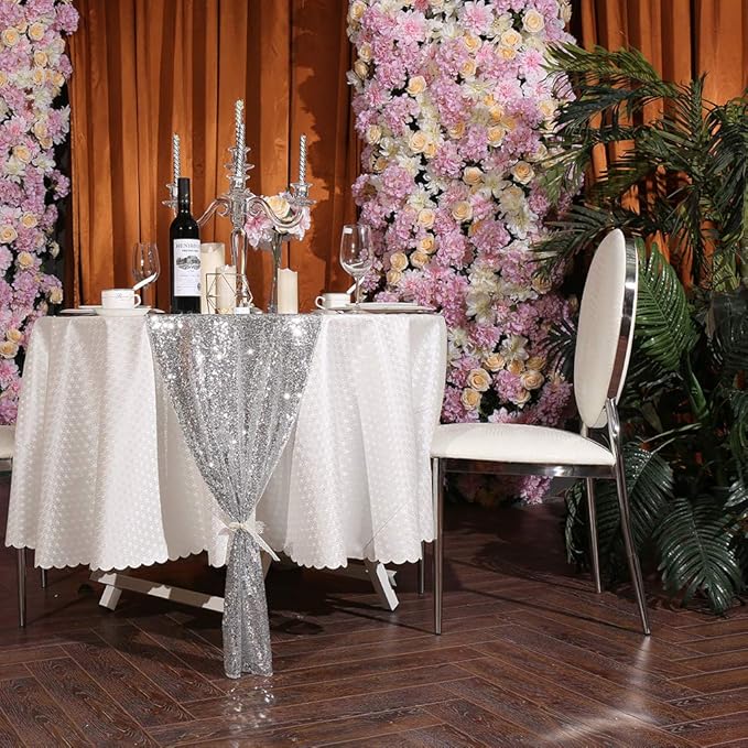 Eternal Beauty Silver Table Runner for Wedding, 5PCS-12x72 Sequin Table Runner Decorations for Birthday Parties, Banquets, Graduations,Christmas