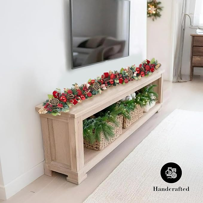 5 ft Christmas Garland for Mantle for Stairs Railing, Banister, Staircase, Fireplace, for Table No Light, Garland Decor Frosted Red Poinsettia Holiday Tree (Red Plain Lotus Pod Garland)